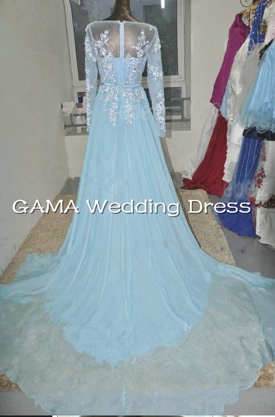 light blue evening gown with sleeves